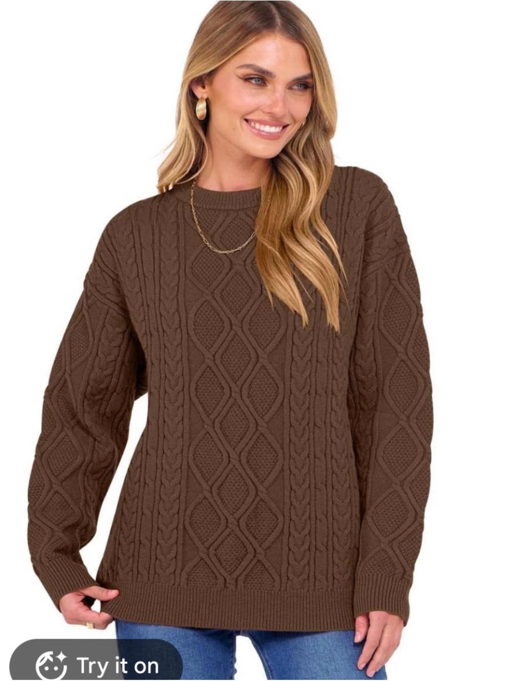 Cozy Cable Knit Crewneck Sweater in Brown